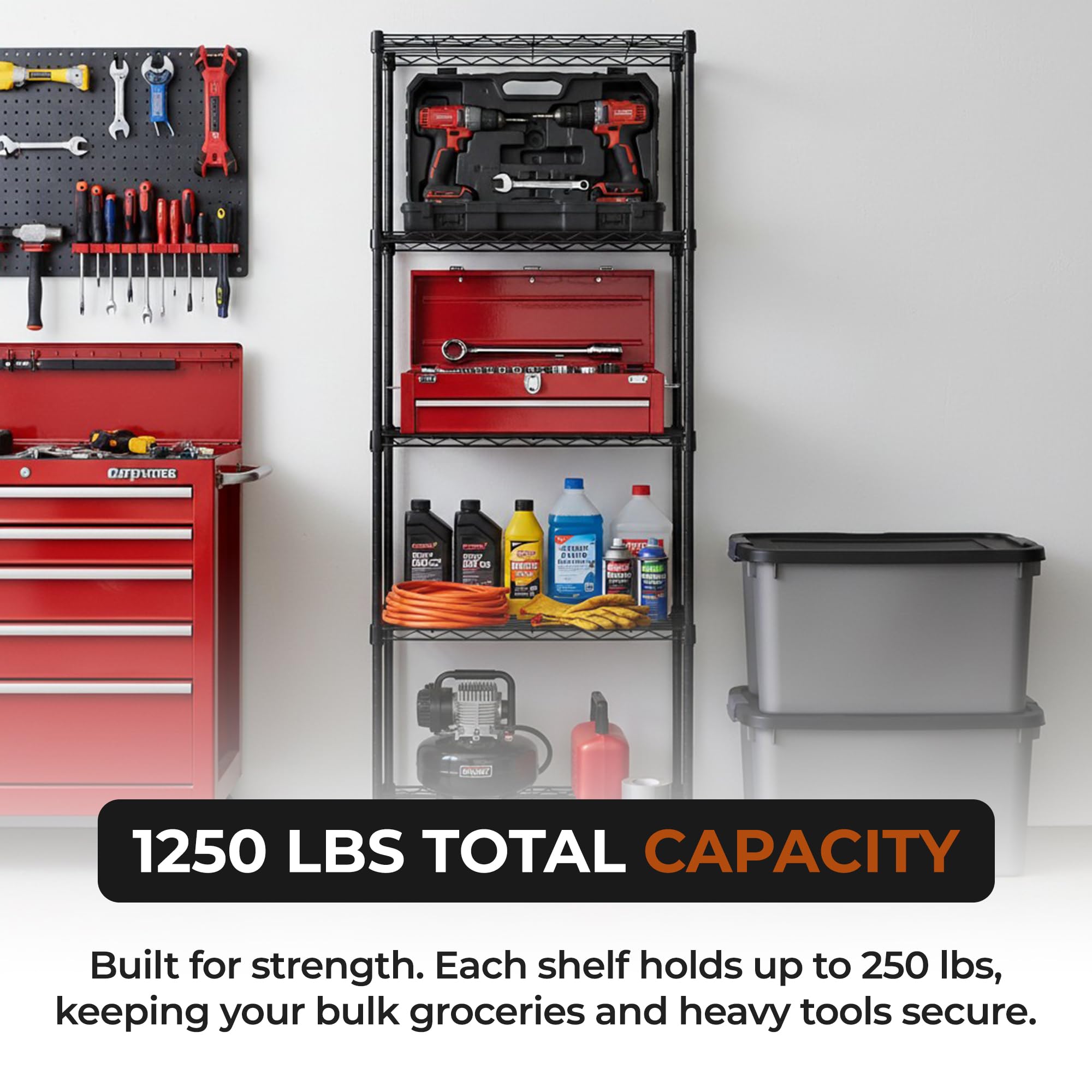 Brutis loaded with bins to demonstrate 250 lb shelf capacity benefit