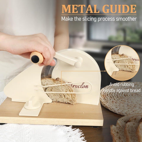 Brvclon hand crank action in use slicing loaf with gentle non-crushing motion