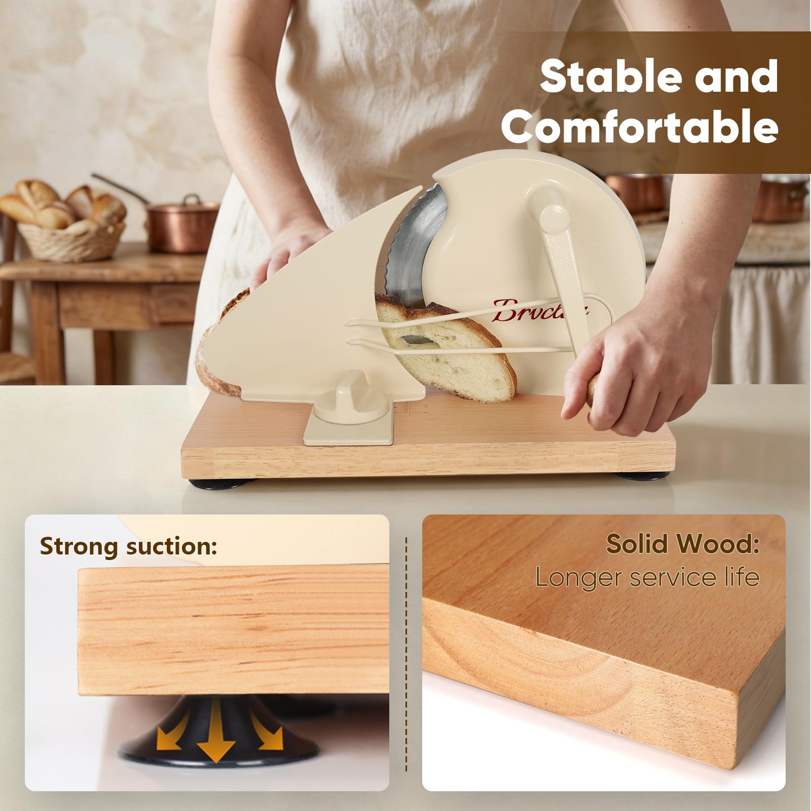 Brvclon hand-crank slicing a sourdough loaf for consistent slice thickness benefit
