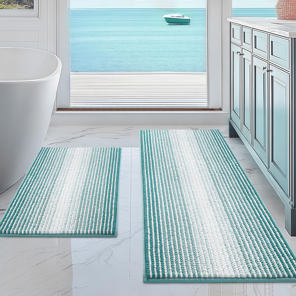 BSICPRO front view of aqua green 2-piece rug set showing plush stripes and color
