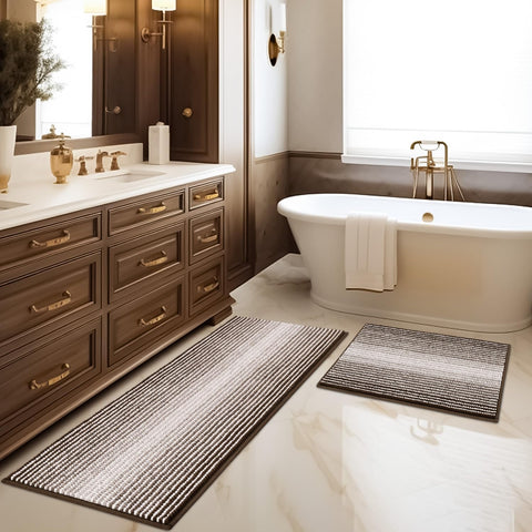 BSICPRO front view of two-piece brown striped bath rug set showing plush look and matching tones
