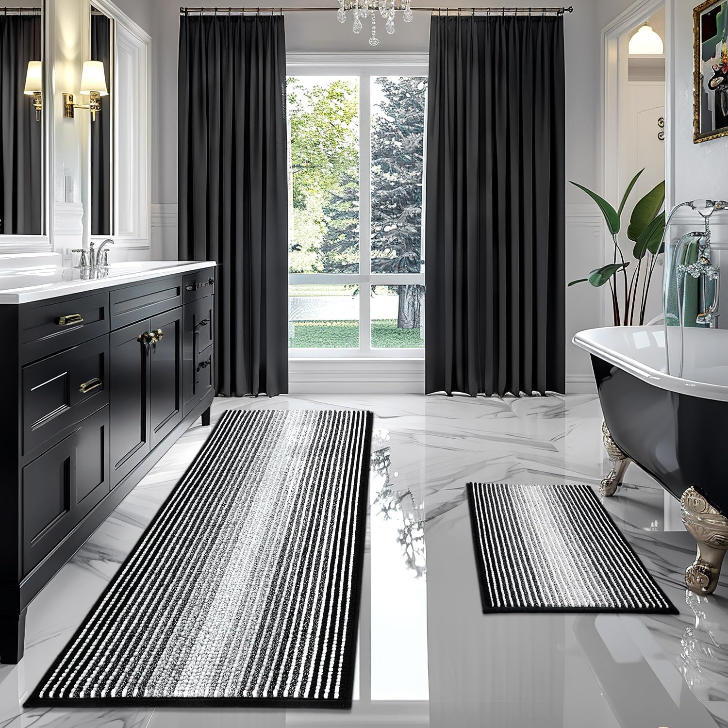 BSICPRO front view of black striped 2-piece bath rug set showing matching runner and small mat for organized style
