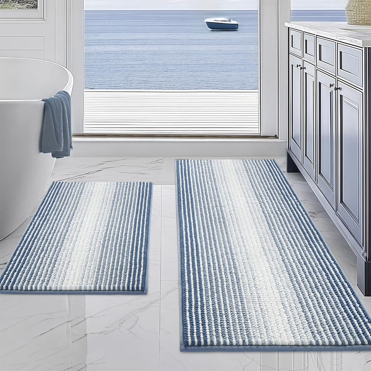 BSICPRO front view of fog blue bath rugs showing modern gradient and inviting texture