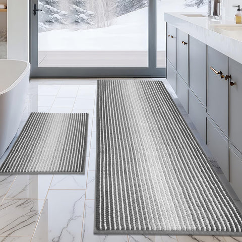 BSICPRO front view of gray striped rug set showing coordinated decor benefit