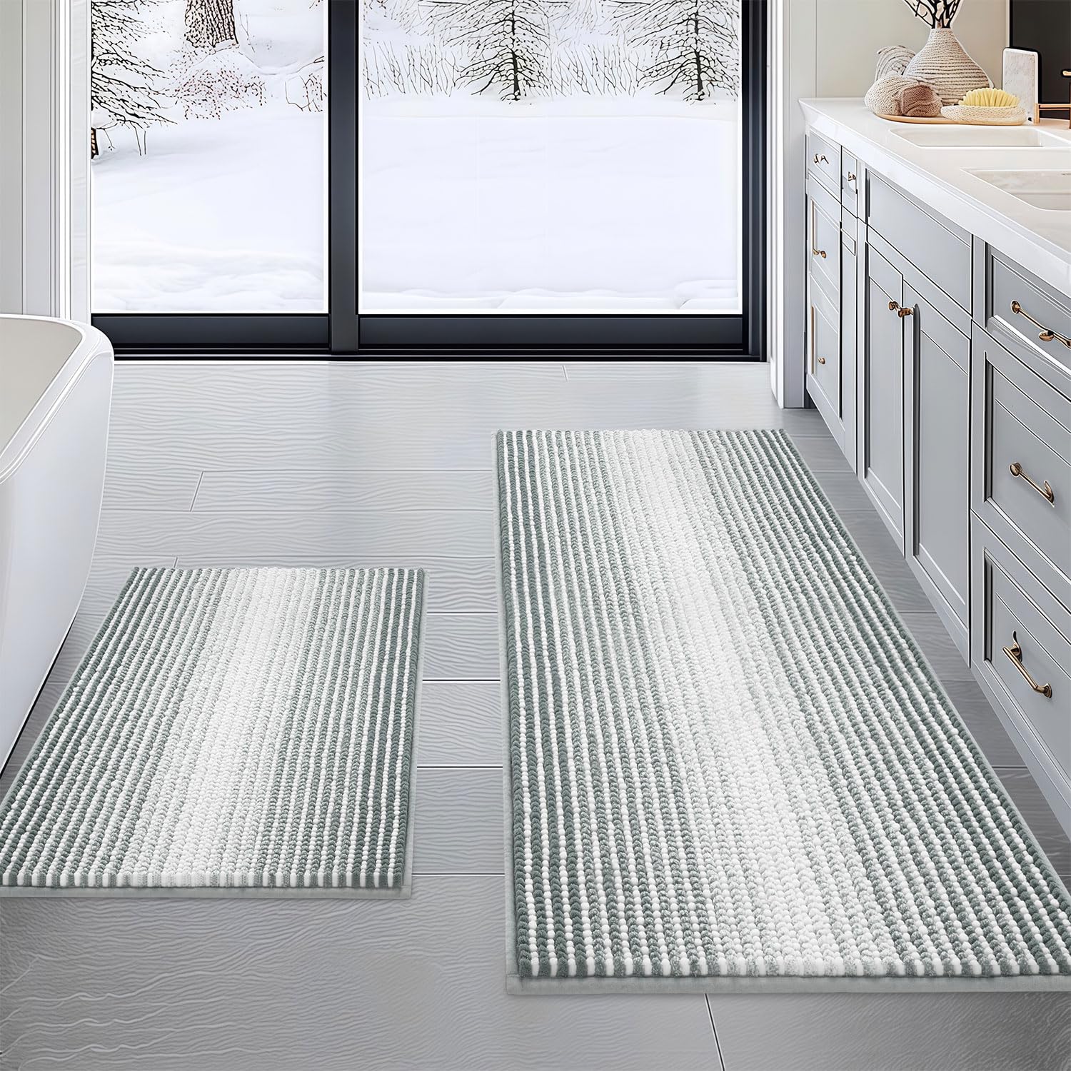 BSICPRO front view of light gray striped rug set showing plush look and coordinated style