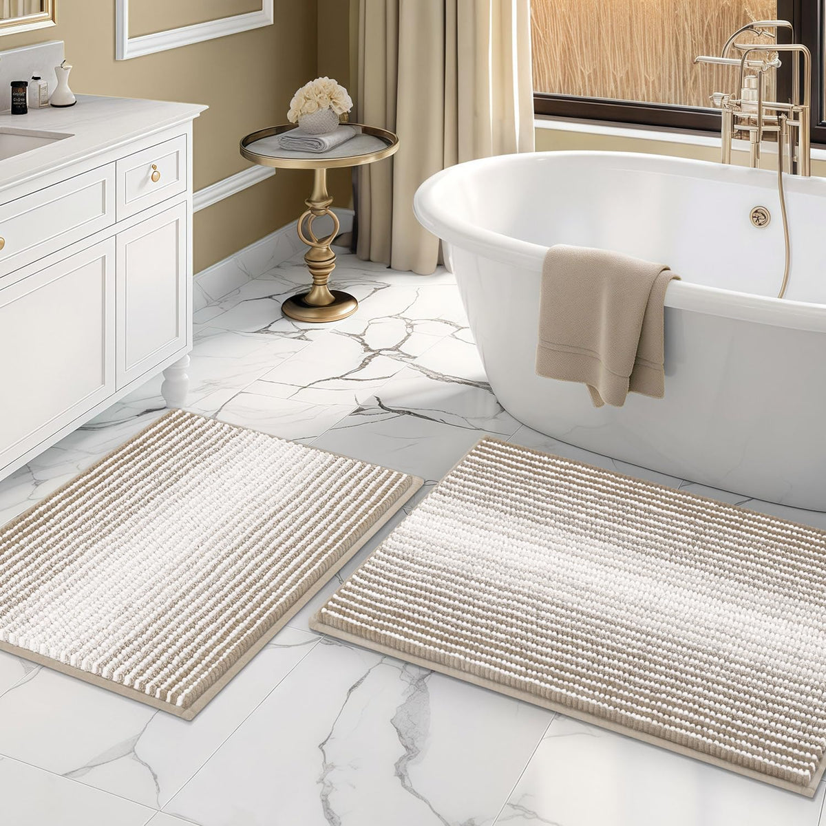 BSICPRO front view of light taupe 2-piece bath rug set showing plush look and neutral tone for coordinated decor