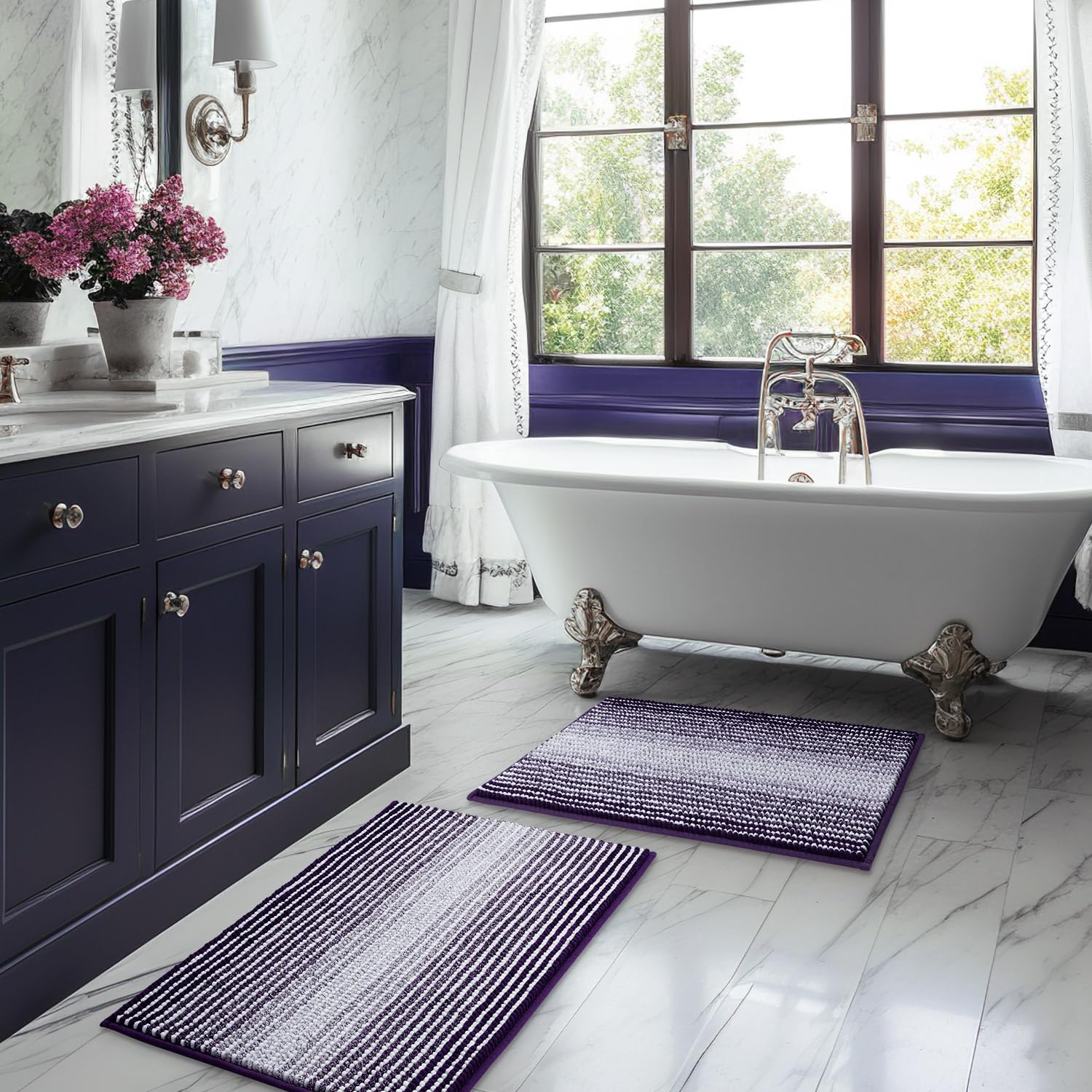 BSICPRO front view of mauve wine rug set showing striped design and benefit of decor upgrade