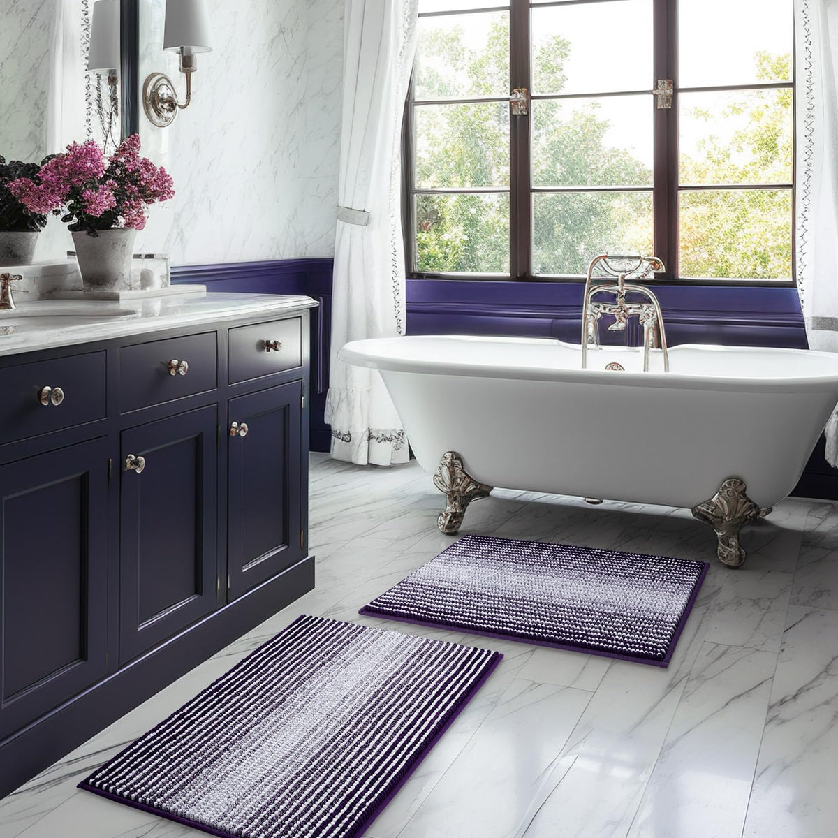 BSICPRO front view of mauve wine rug set showing striped design and benefit of decor upgrade