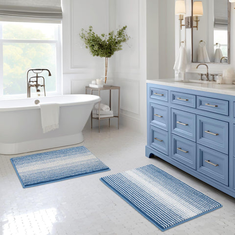 BSICPRO front view of sky blue striped bath rug set, adds soft décor