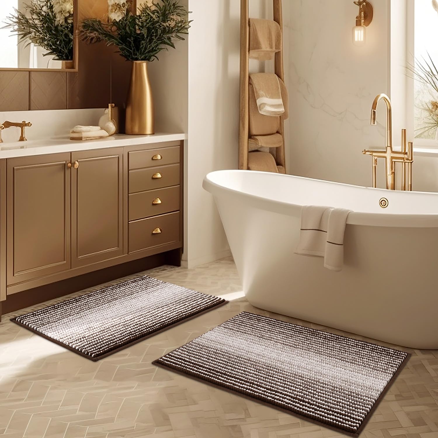 BSICPRO front view of brown striped rug set showing coordinated style and comfort