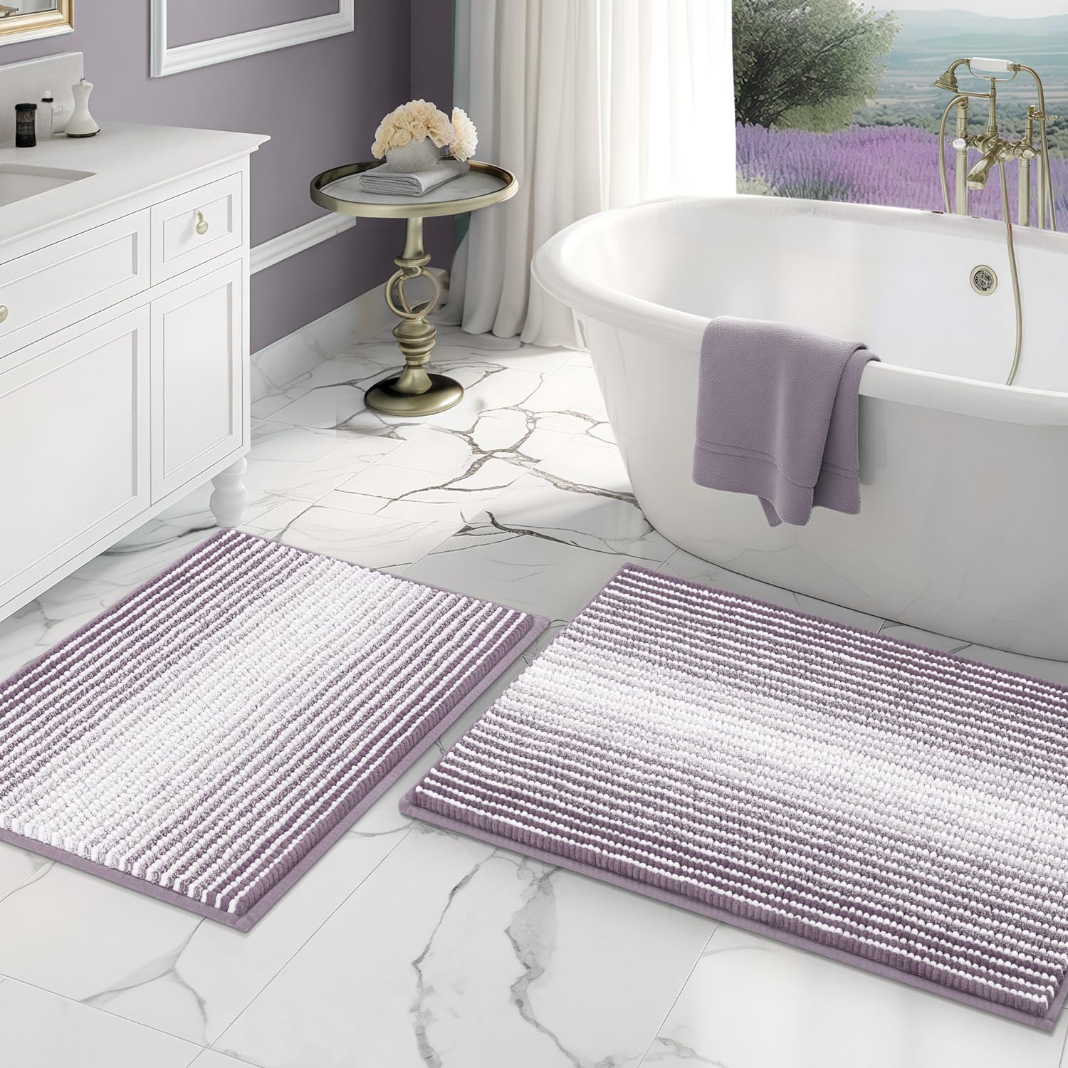 BSICPRO front view of lavender two-piece bath rug set showing plush design and color