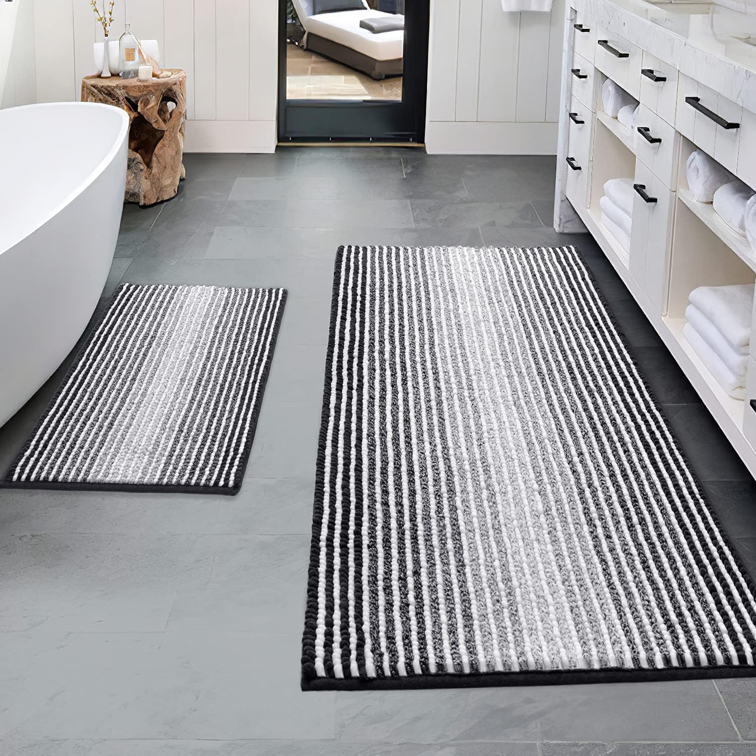 BSICPRO front view of black striped rug set showing neat styling and comfort