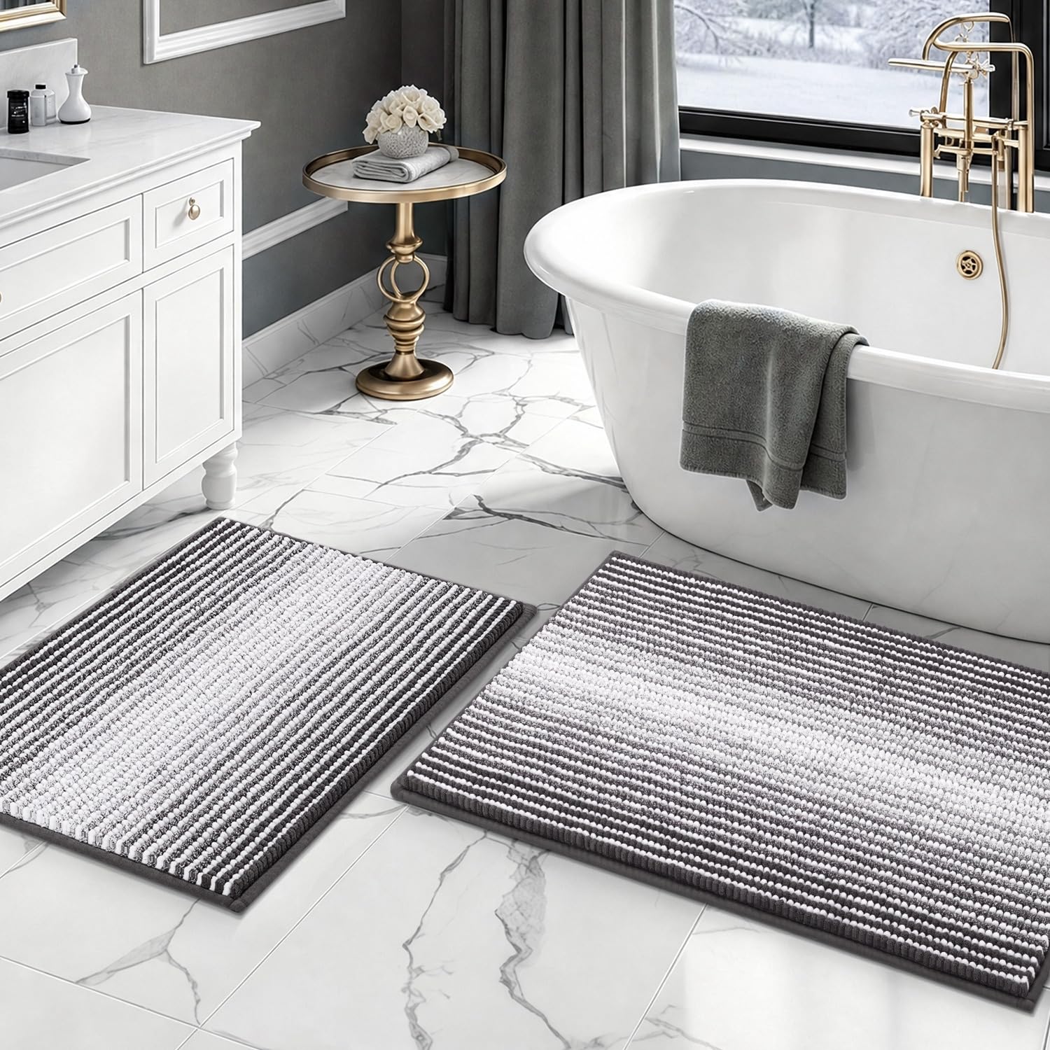 BSICPRO front view of gray two-piece bath rug set showing modern stripes and comfort