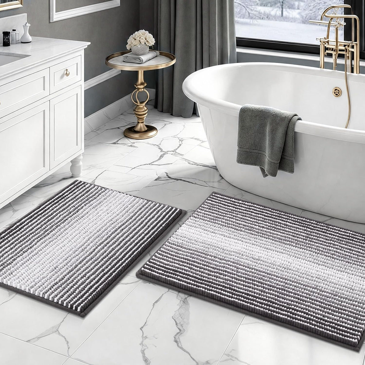 BSICPRO front view of gray two-piece bath rug set showing modern stripes and comfort