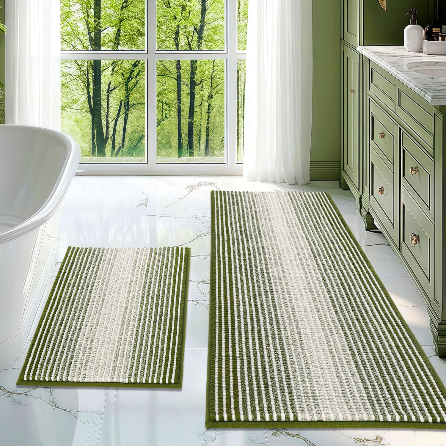 BSICPRO sage two-piece rug set front view showing soft striped design and spa-like look