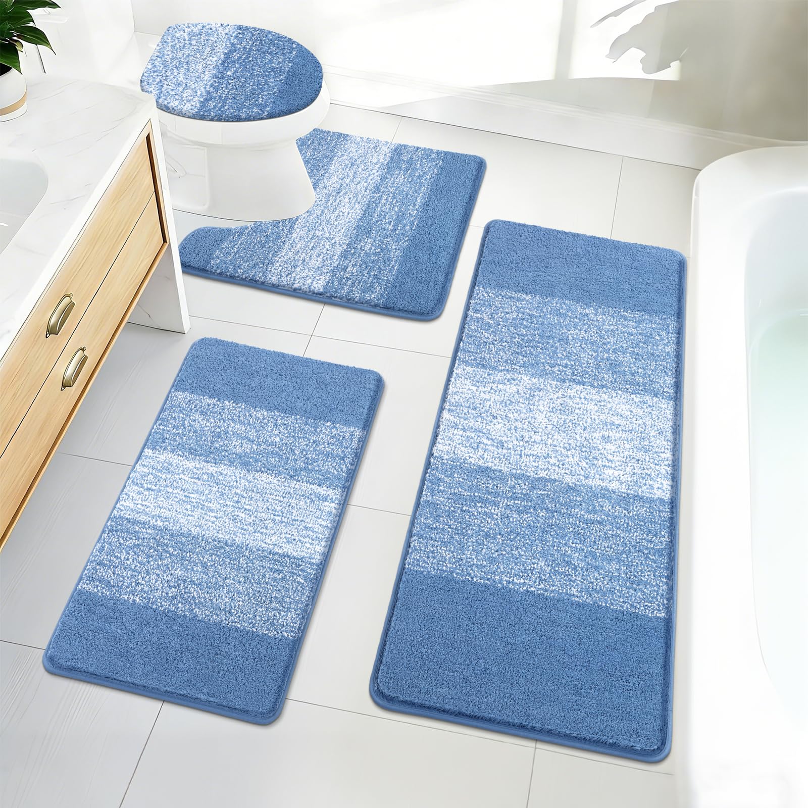 Bsmathom front view of blue four-piece rug set showing coordinated design and comfort