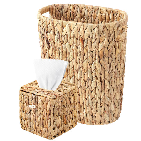 BSSN wicker trash can front view showing compact footprint and rustic look