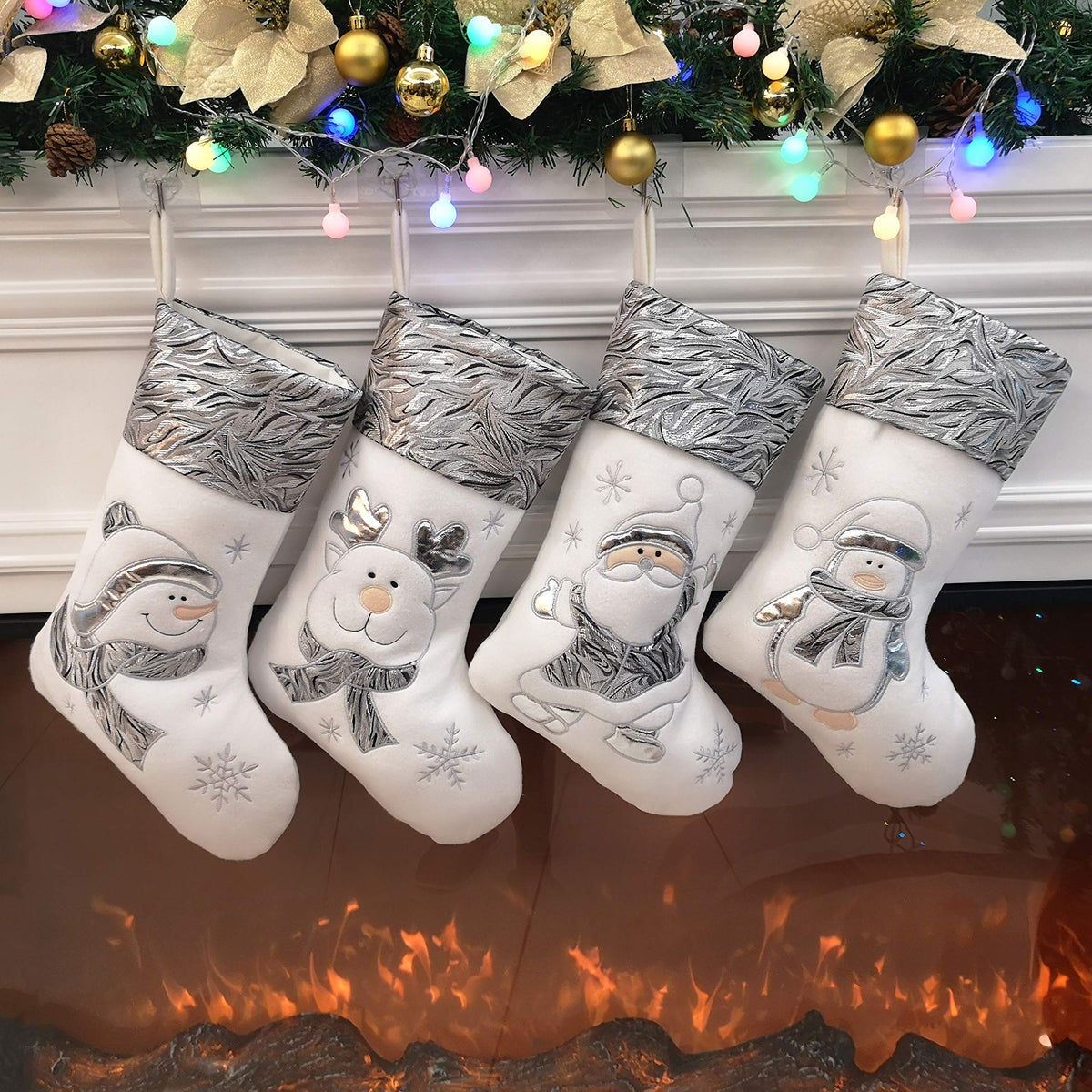 BSTAOFY front view of four silver stockings showing variety and festive appeal