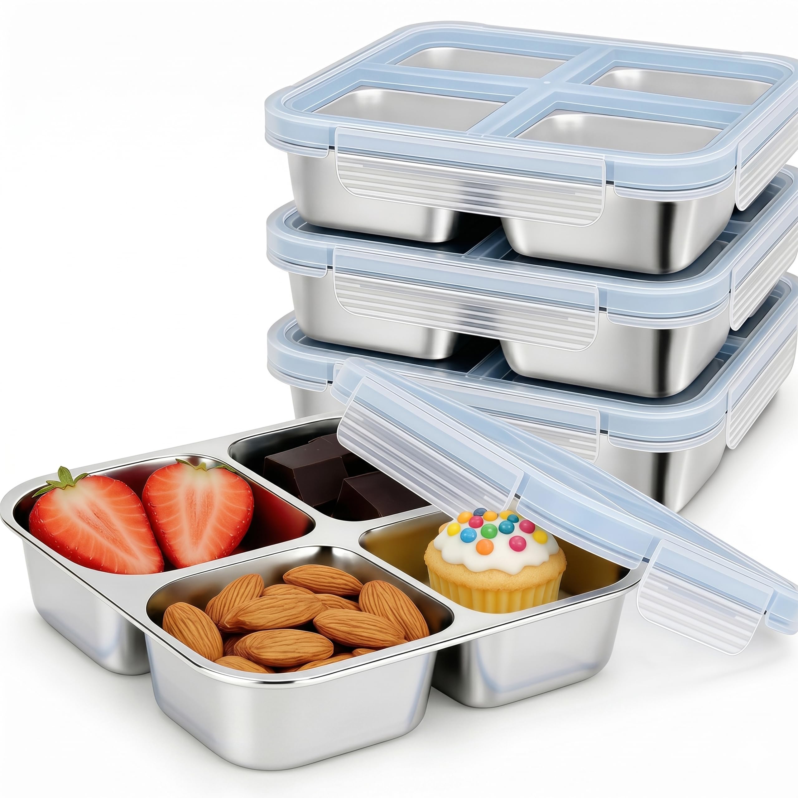 BSTUR front view of four snack containers showing compact set and portability