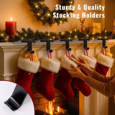 Btanadi holders in use on mantel holding stockings securely for festive look