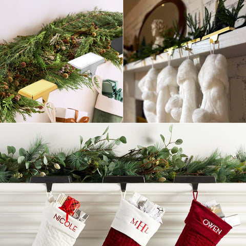 Btanadi holders in use on a mantle holding fully loaded stockings securely