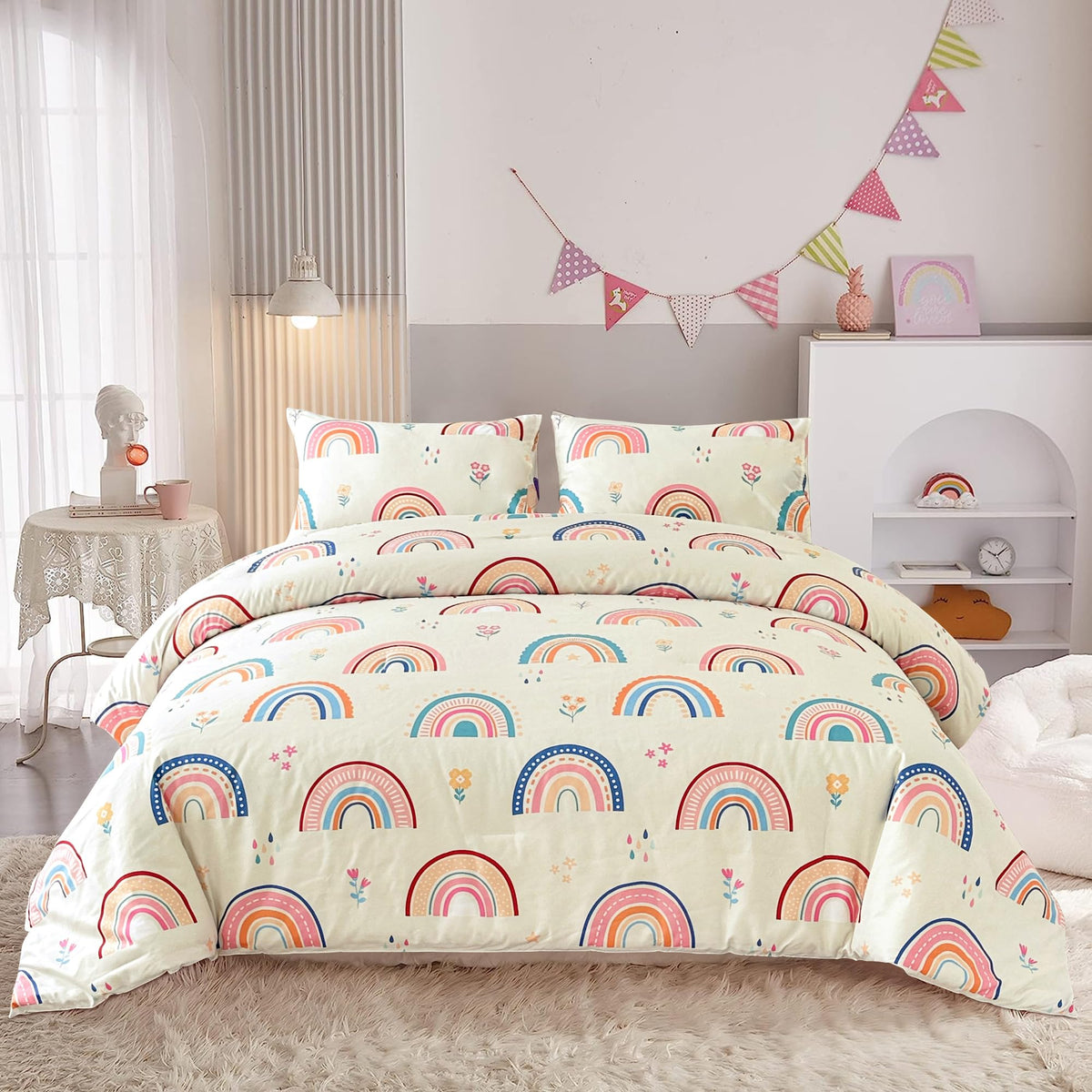 Btargot front view of comforter showing rainbow print and cozy appeal