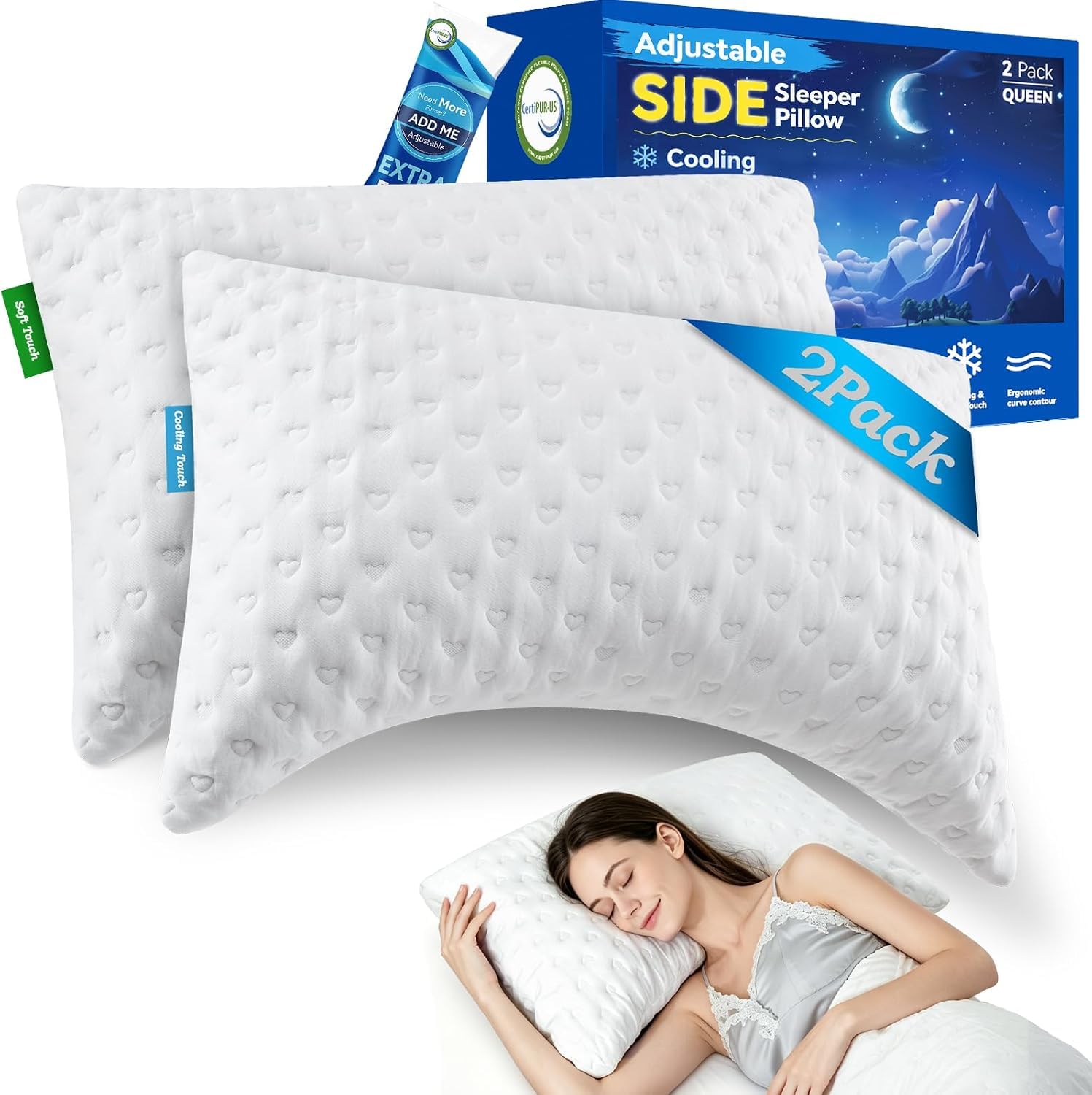 btasleeep front view pair showing two queen pillows and ergonomic shape benefit