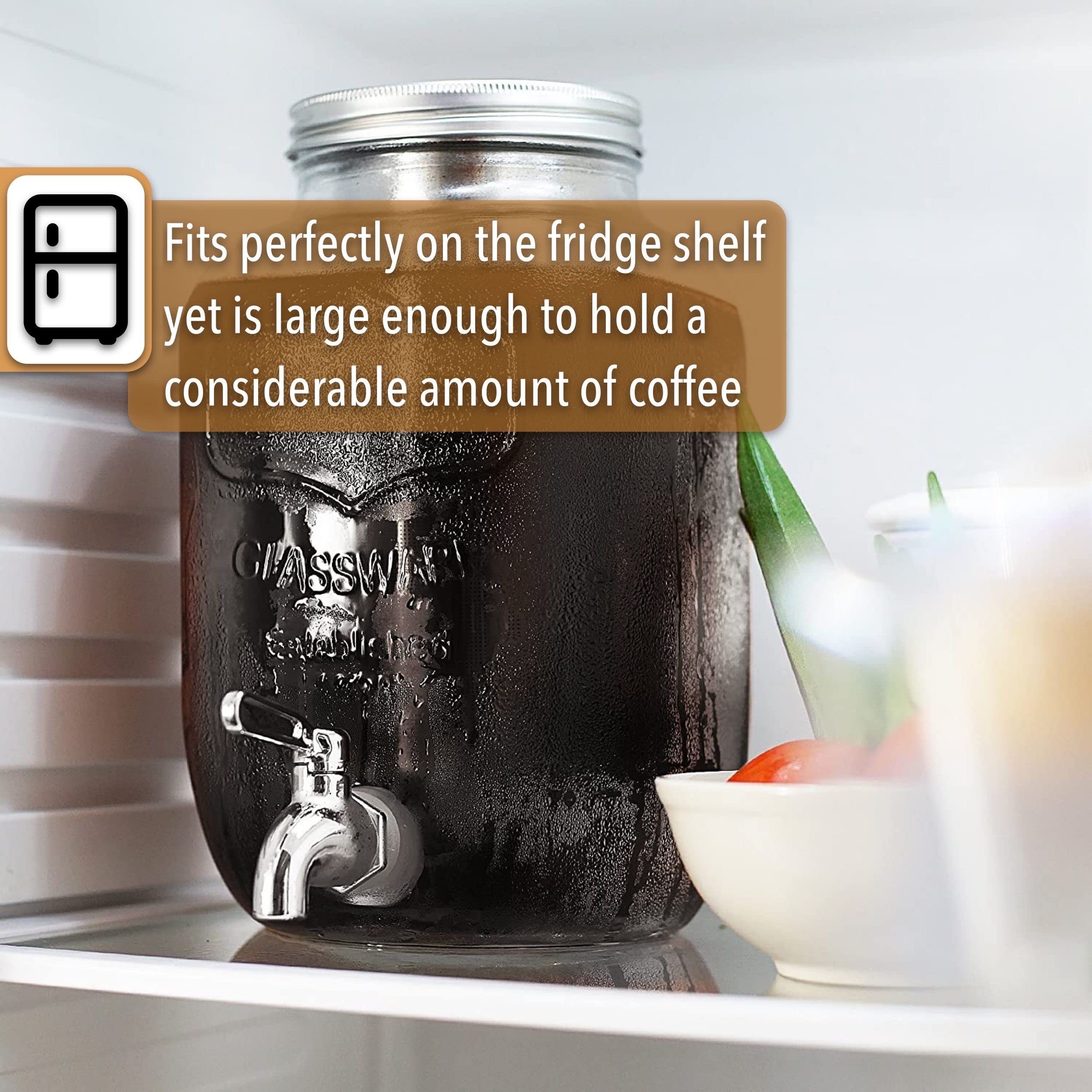 Brew To A Tea pitcher in fridge showing compact refrigerator storage