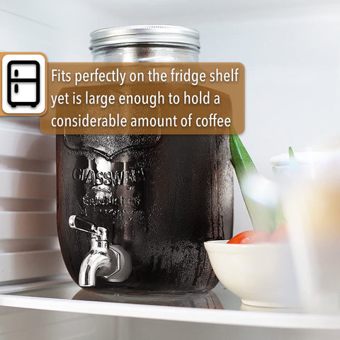 Brew To A Tea pitcher in fridge showing compact refrigerator storage