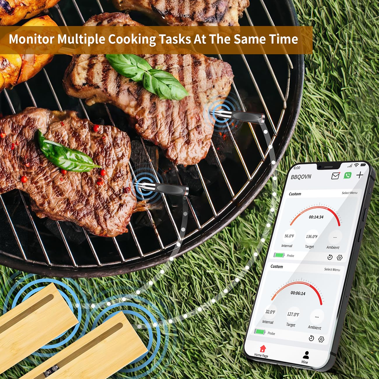 BtcLink device in use on a grill with hands-free monitoring benefit