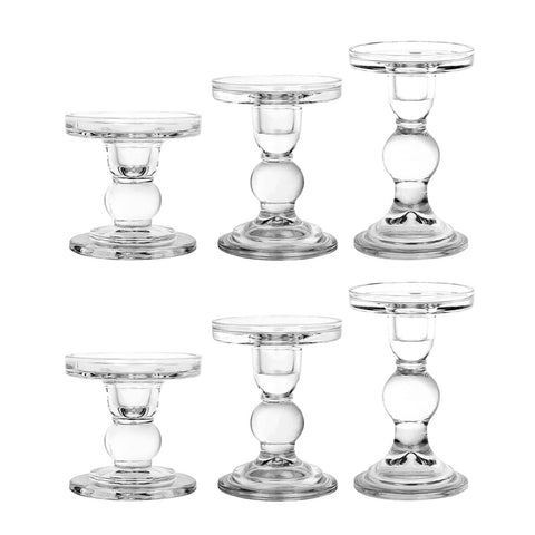 BTGLLAS clear glass candlestick front view showing elegant transparency and balance