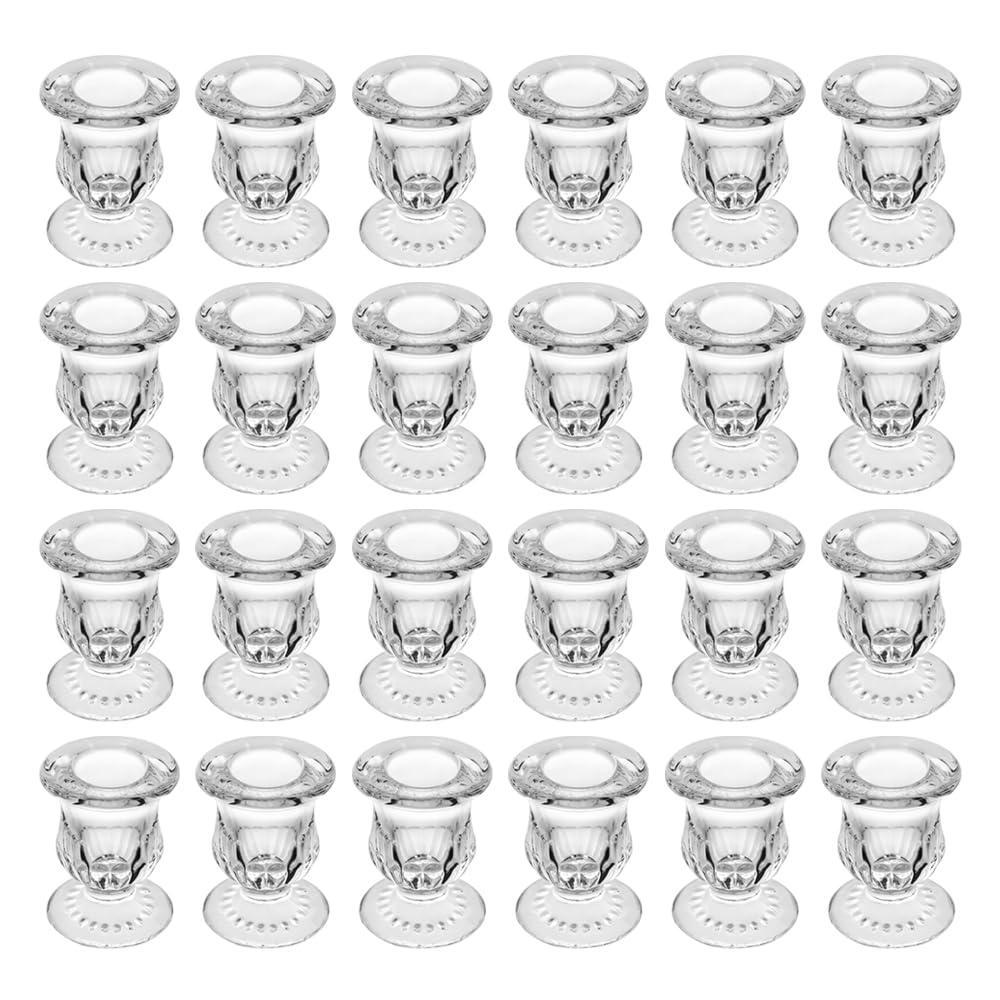 BTGLLAS front view of 24 clear glass candle holders showing elegant arrangement and value