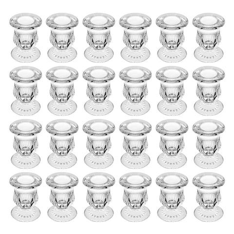 BTGLLAS front view of 24 clear glass candle holders showing elegant arrangement and value