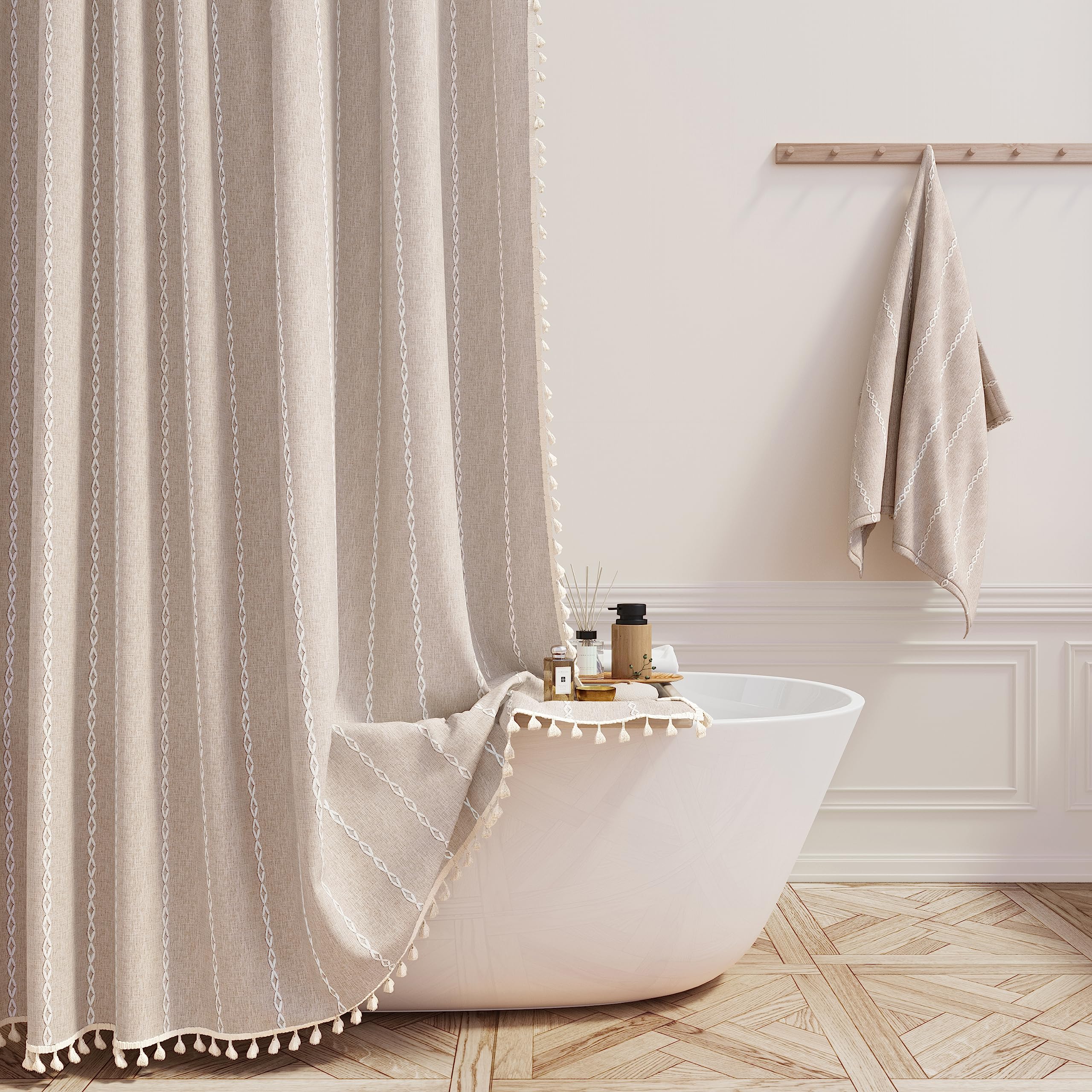 BTTN front view tan shower curtain shows elegant farmhouse look and privacy