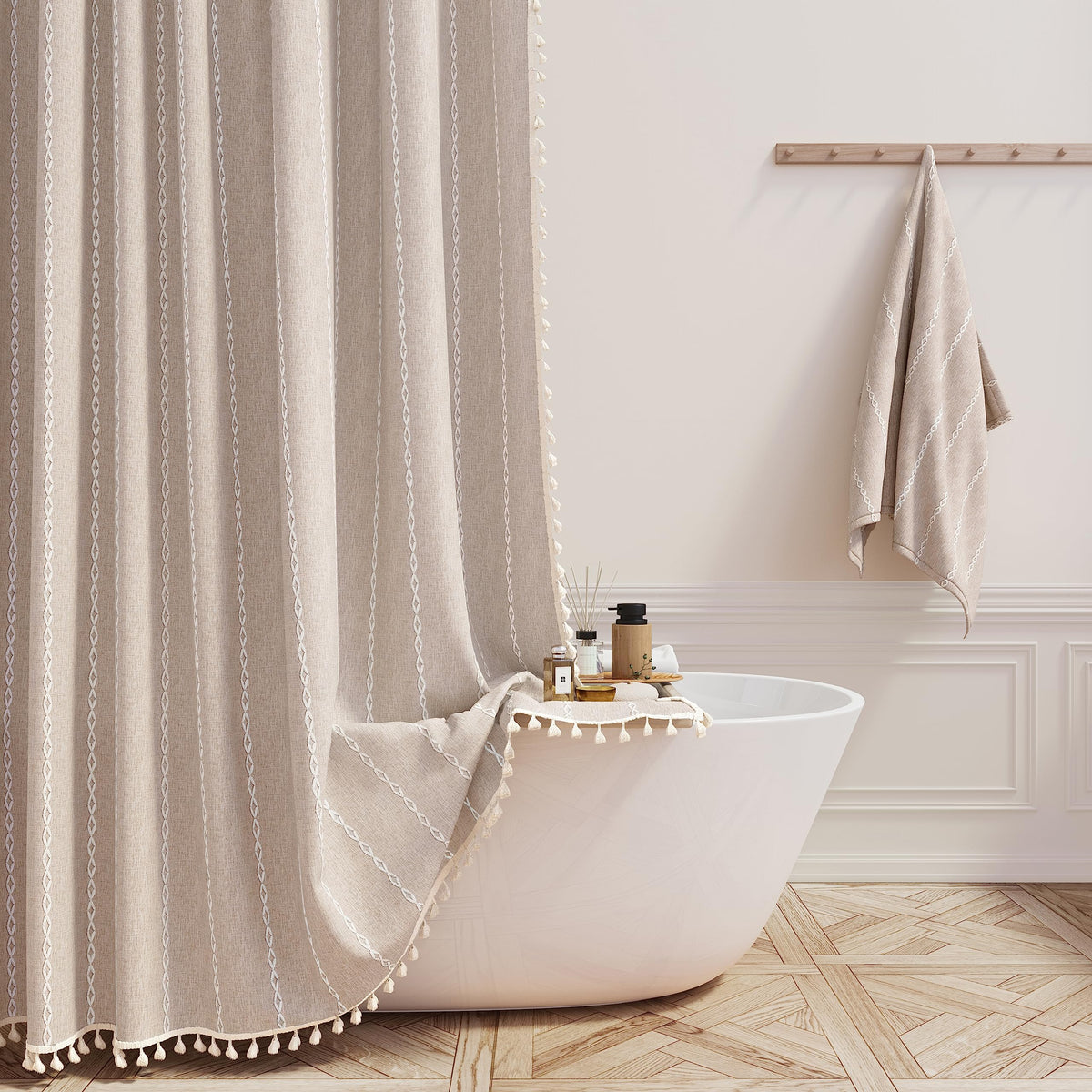 BTTN front view tan shower curtain shows elegant farmhouse look and privacy