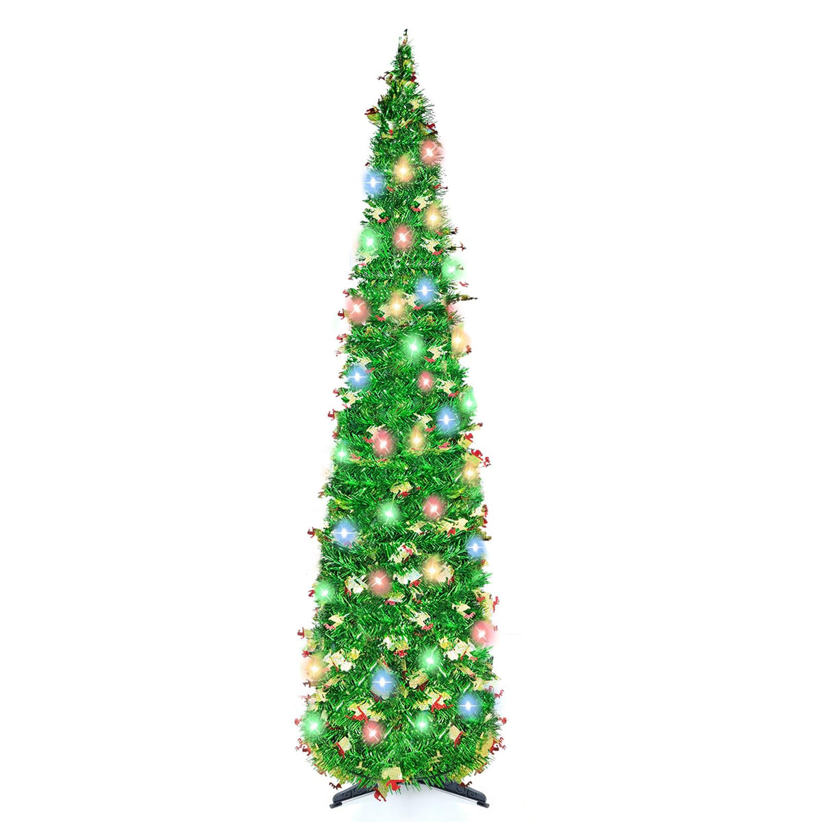 BTU 5ft pop-up tree front view showing slim profile and lights for space saving