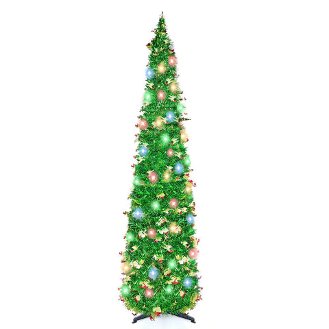 BTU 5ft pop-up tree front view showing slim profile and lights for space saving