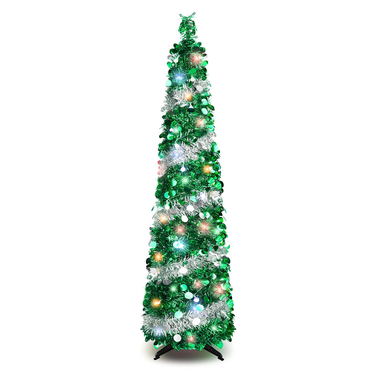 BTU front view of 5ft tinsel tree showing slim silhouette and LED lights benefits