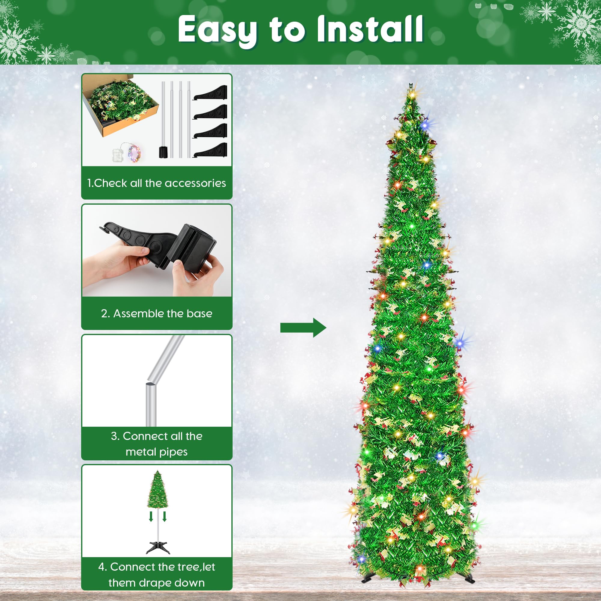 BTU pencil slim tree with ornaments showing customizable styling and small-space use
