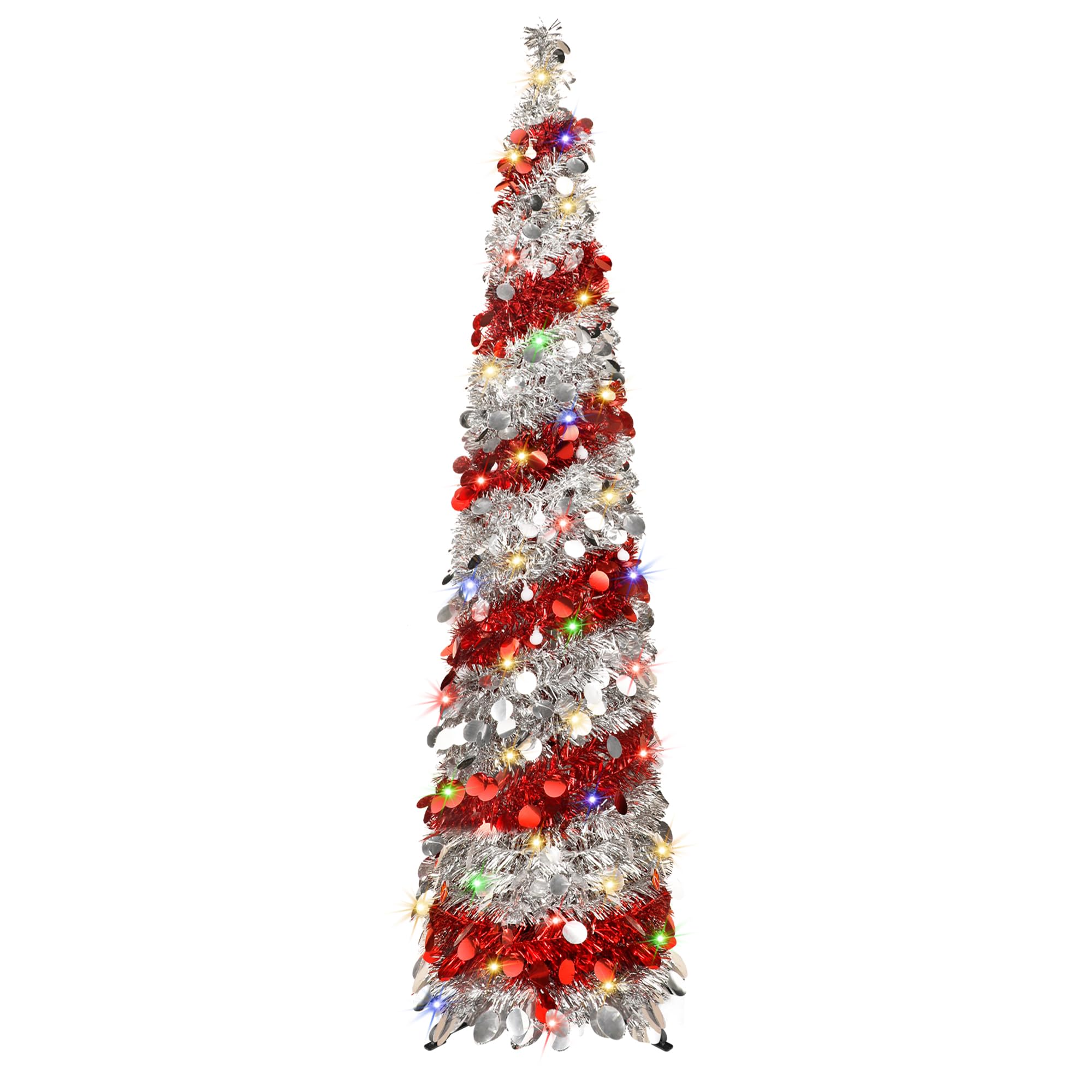 BTU front view of 5ft silver and red sequin tree showing space-saving shape and instant sparkle
