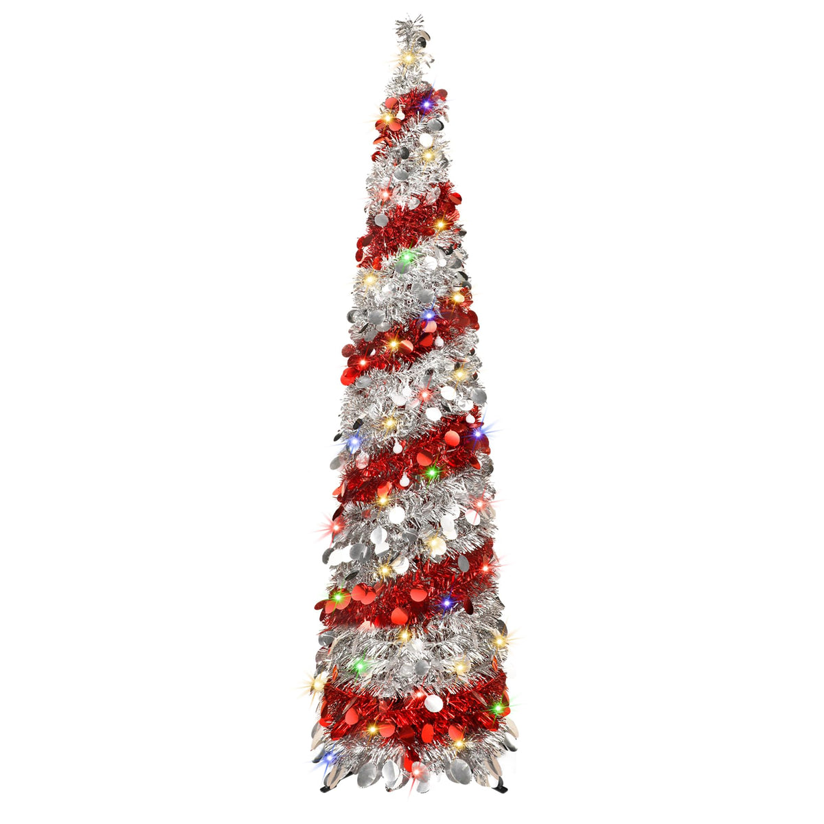 BTU front view of 5ft silver and red sequin tree showing space-saving shape and instant sparkle