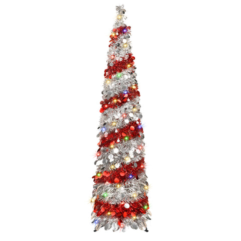 BTU front view of 5ft silver and red sequin tree showing space-saving shape and instant sparkle
