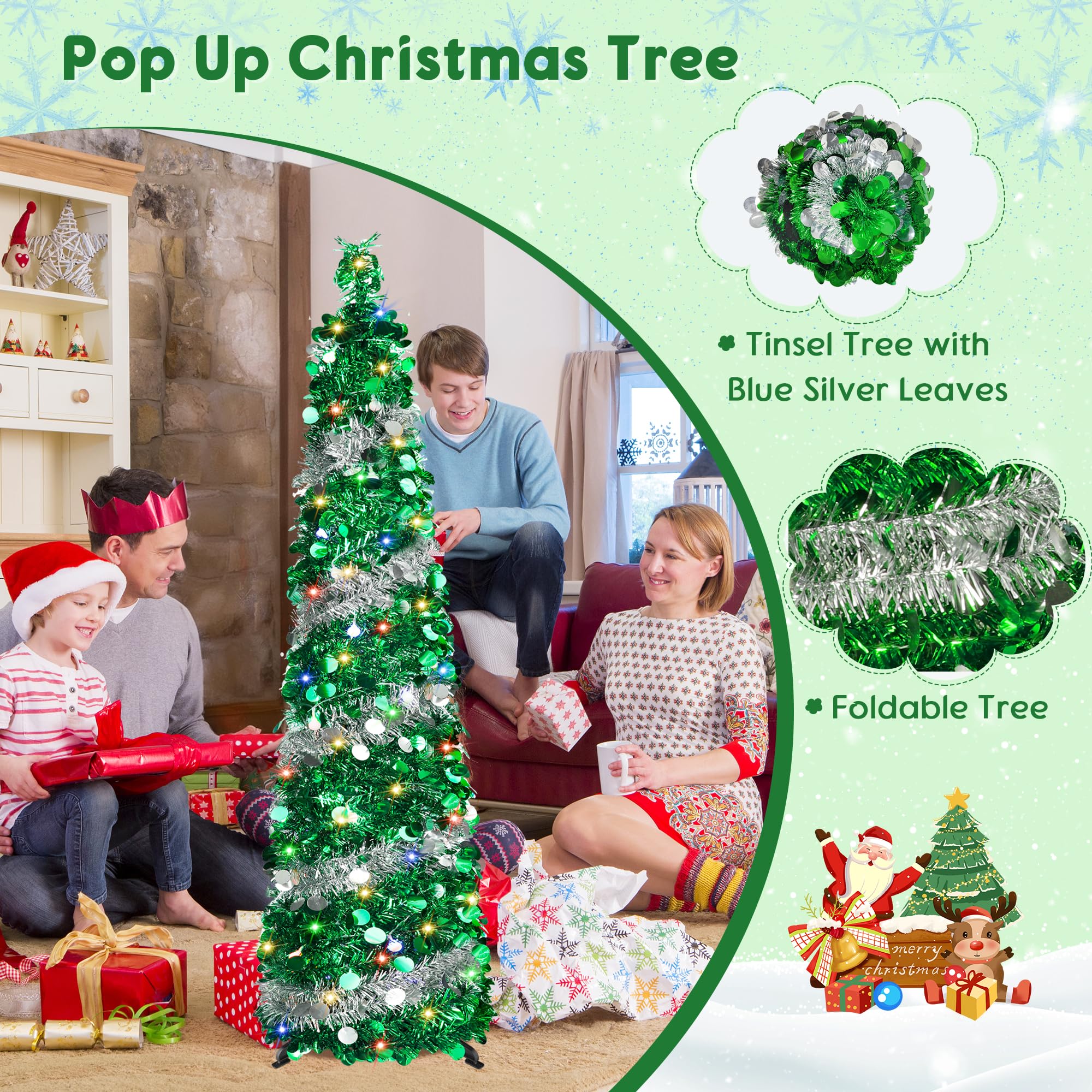 BTU lit tree on a porch at dusk showing colorful LEDs creating festive atmosphere