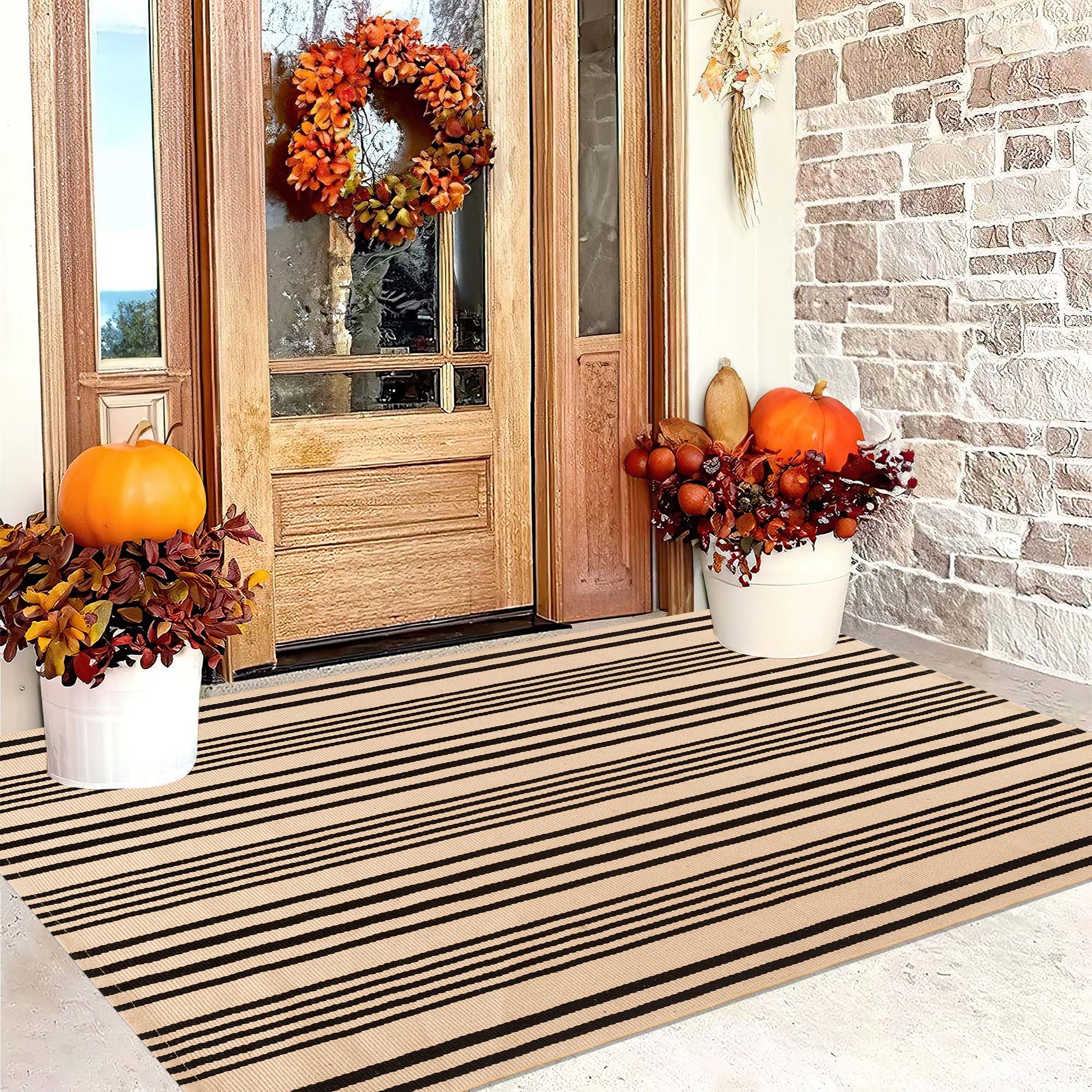 BUAGETUP front view of tan striped rug showing farmhouse curb appeal and welcome function