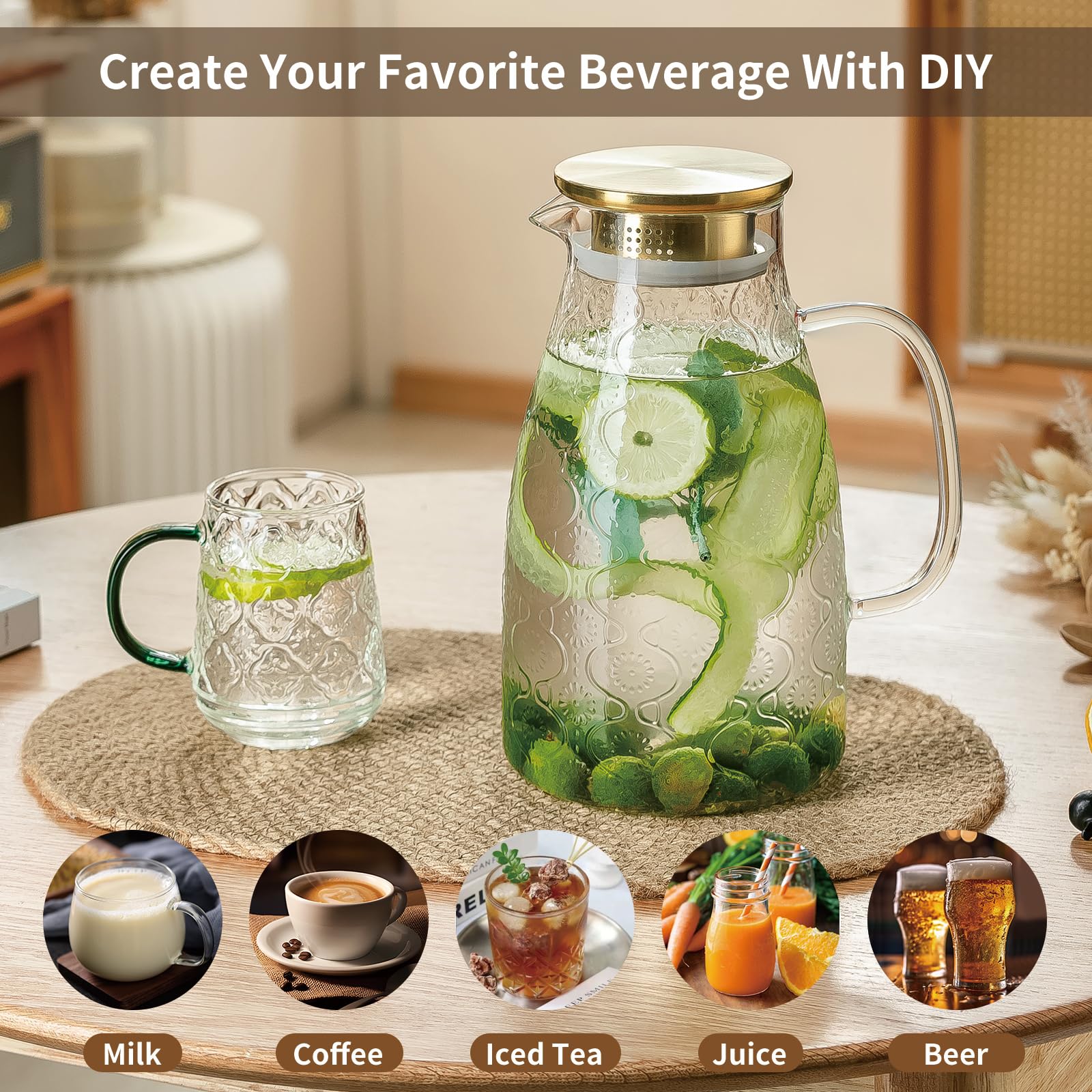 Buaic pitcher next to drinking glass showing 68 oz capacity benefit