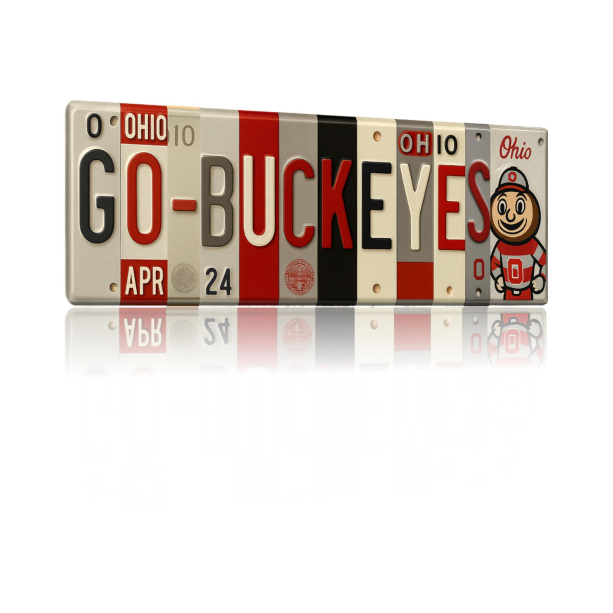 Generic Buckeyes front metal sign showing vibrant scarlet and gray branding for bold fan display