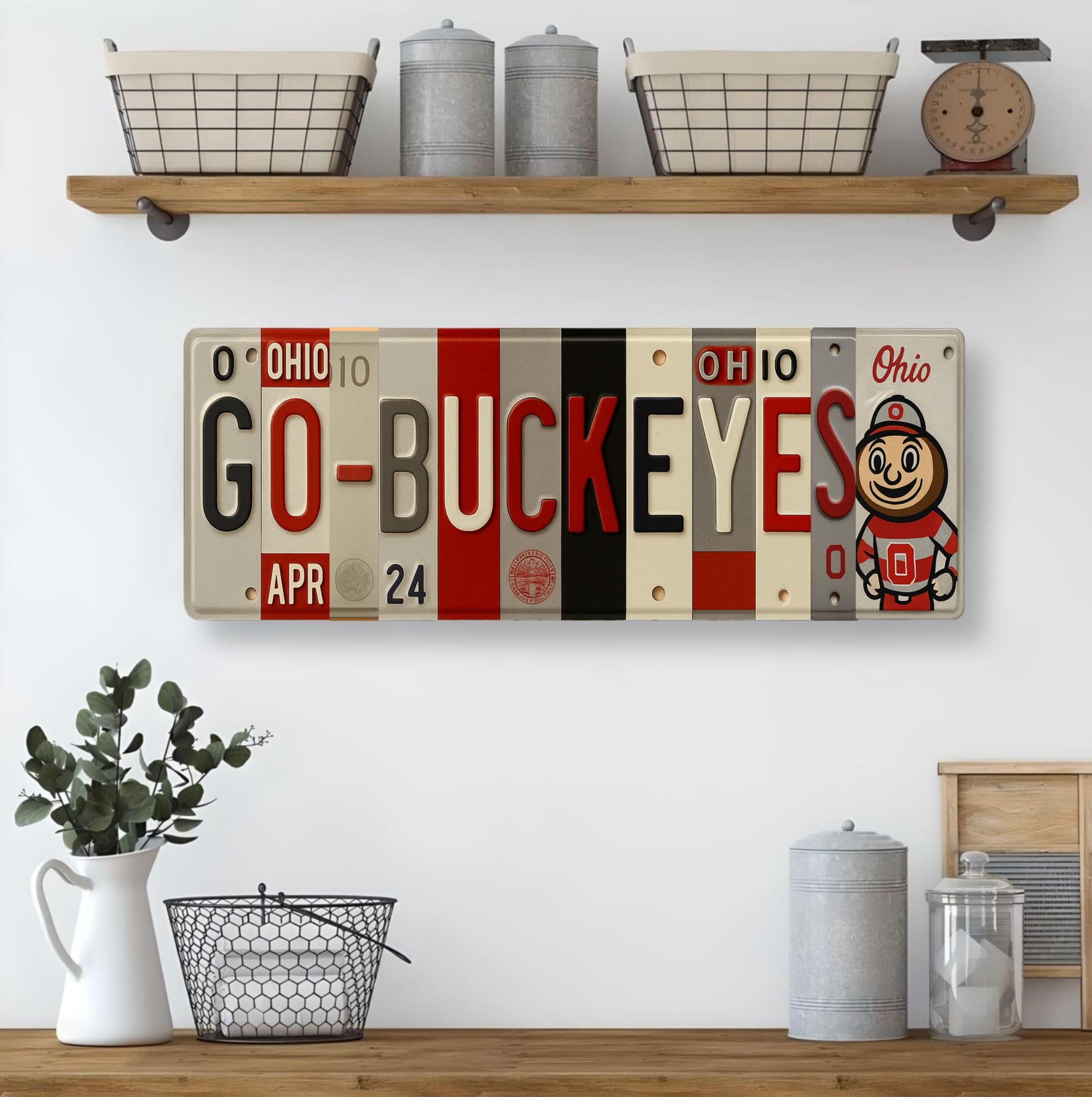 Generic Buckeyes sign hung on a dorm wall demonstrating team pride and space-saving benefit