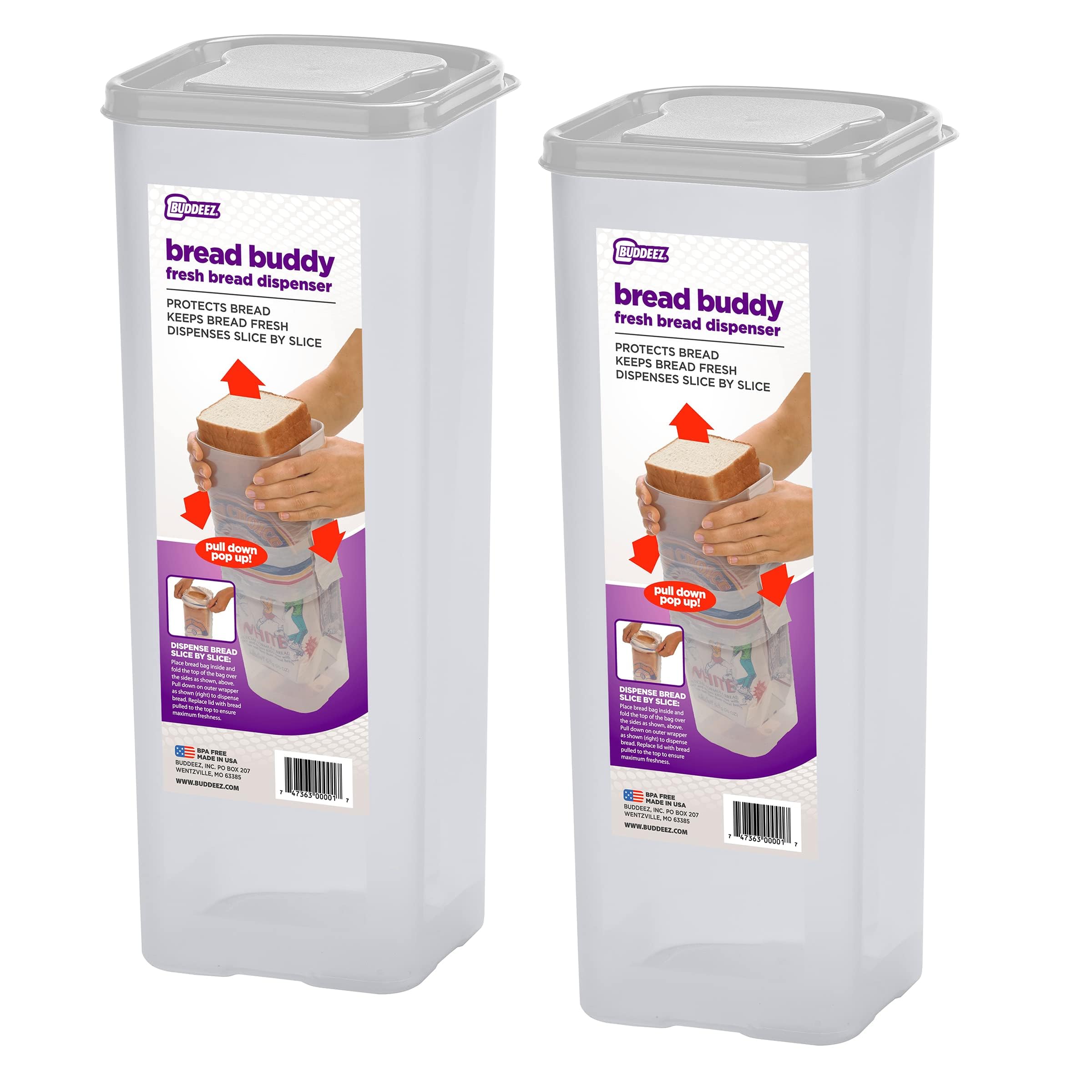 Buddeez Bread Buddy front packaging showing clear container and white lid benefit space saving