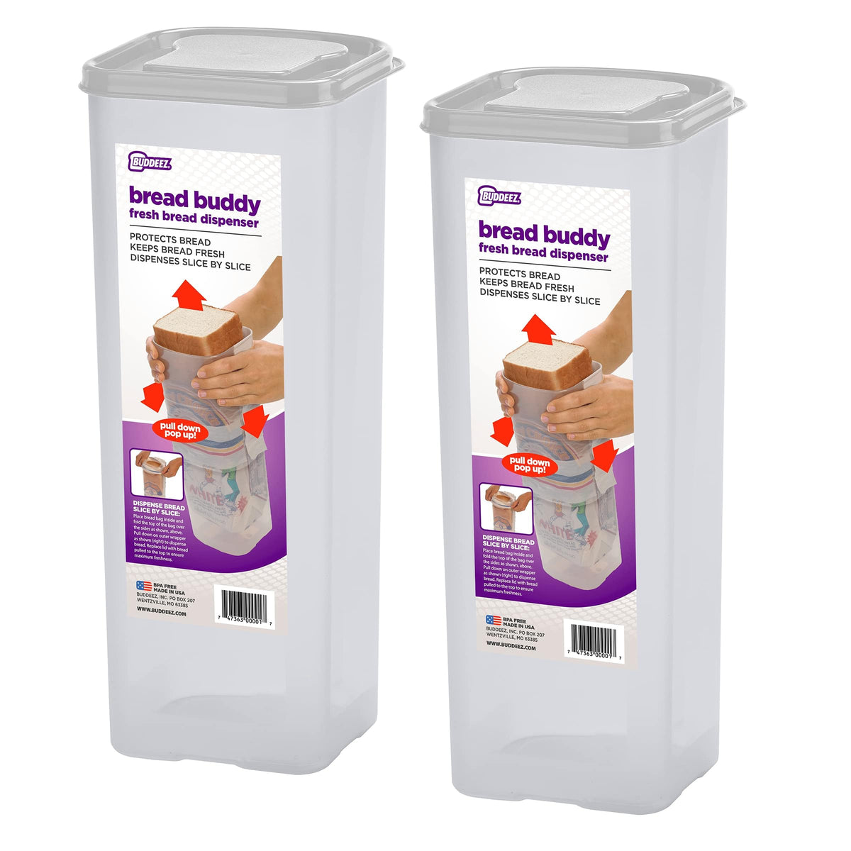 Buddeez Bread Buddy front packaging showing clear container and white lid benefit space saving