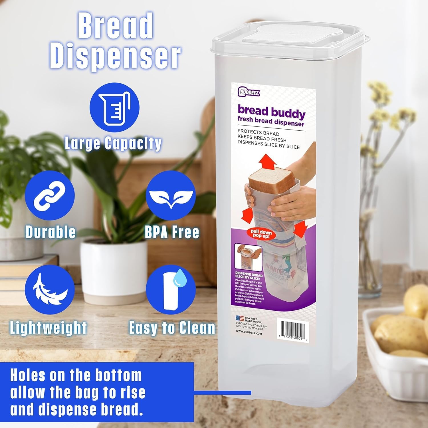 Buddeez container on a narrow shelf showing vertical pantry space saved